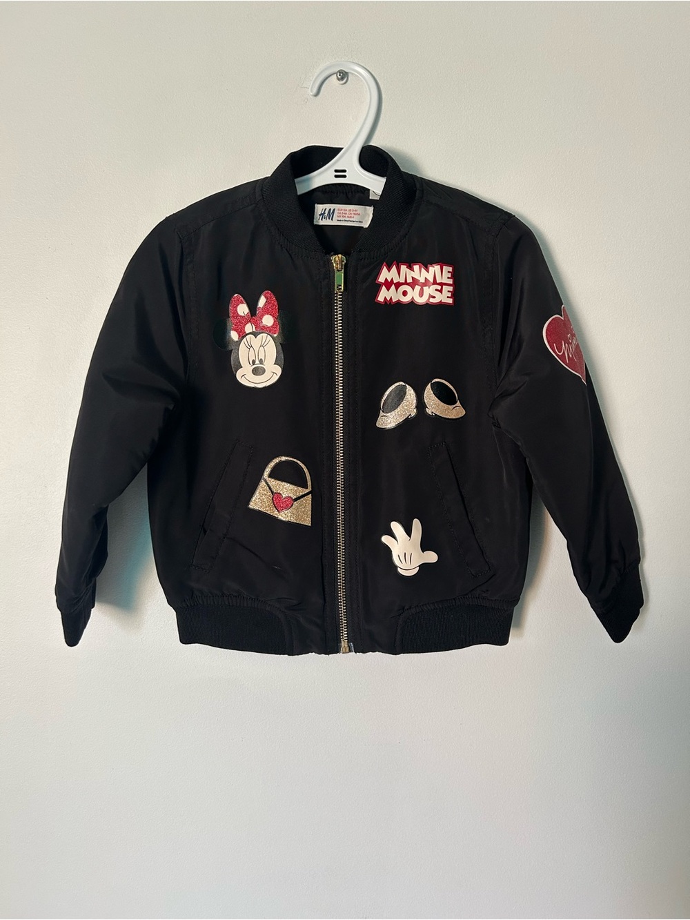H&M Kids Black Minnie Mouse Patch Bomber Jacket